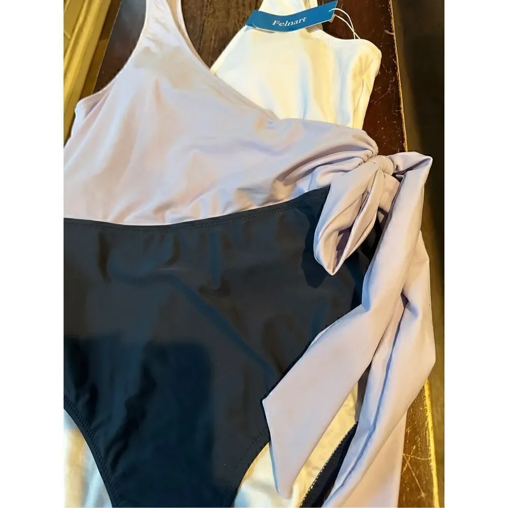 Felnart Swimsuits for Women V Neck Color Block Wrap One Piece Swimsuits Bowknot